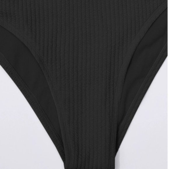 Black Ribbed High Waist Bikini Bathing Suit - Picture 5 of 8